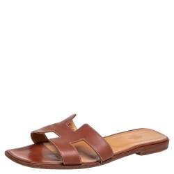 Pre Owned Hermes Brown Leather Oran  Sandals Size 40.5