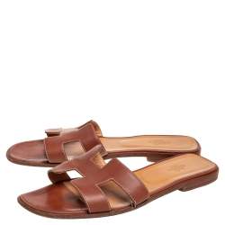 Pre Owned Hermes Brown Leather Oran  Sandals Size 40.5