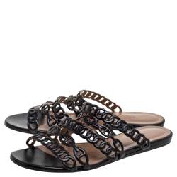 Hermes Black Leather Chain D'ancre  Flat Sandals Size 38