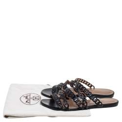 Hermes Black Leather Chain D'ancre  Flat Sandals Size 38