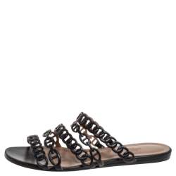 Hermes Black Leather Chain D'ancre  Flat Sandals Size 38