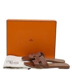 Hermes Brown Leather Oran Flat Sandals Size 38