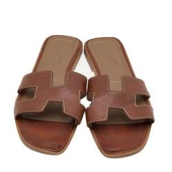 Hermes Brown Leather Oran Flat Sandals Size 38