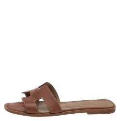 Hermes Brown Leather Oran Flat Sandals Size 38