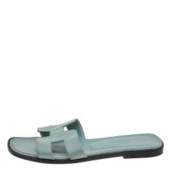Pre Owned Hermes Sea Green Patent Leather Oran Flat Sandals Size 38