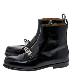 Pre Owned Hermes Black Textured Patent Leather Kelly Turn Lock Ankle Boots Size 36