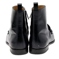 Pre Owned Hermes Black Textured Patent Leather Kelly Turn Lock Ankle Boots Size 36