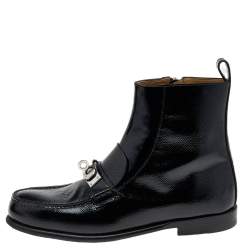 Pre Owned Hermes Black Textured Patent Leather Kelly Turn Lock Ankle Boots Size 36