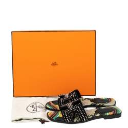 Hermes Black Studded Suede Oran Flat Slides Size 36