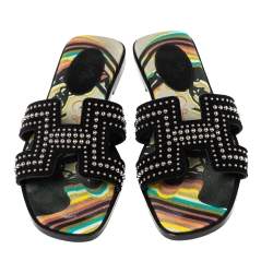 Hermes Black Studded Suede Oran Flat Slides Size 36