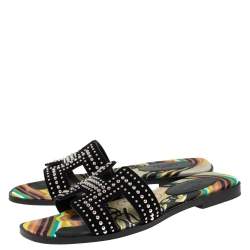 Hermes Black Studded Suede Oran Flat Slides Size 36