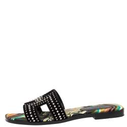 Hermes Black Studded Suede Oran Flat Slides Size 36