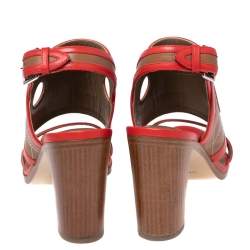 Hermes Red/Brown Leather Slingback Sandals Size 38