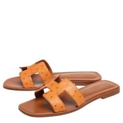Hermes Brown Ostrich Leather Oran Flat Slides Size 37.5