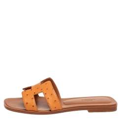 Hermes Brown Ostrich Leather Oran Flat Slides Size 37.5