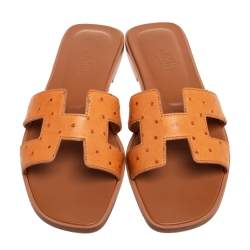 Hermes Brown Ostrich Leather Oran Flat Slides Size 37.5