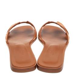 Hermes Brown Ostrich Leather Oran Flat Slides Size 37.5