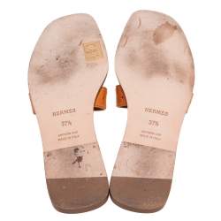 Hermes Brown Ostrich Leather Oran Flat Slides Size 37.5