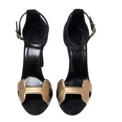Hermes Gold/Black Leather and Suede Premiere Ankle-Strap Sandals Size 36