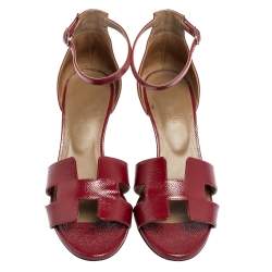 Pre Owned Hermès Burgundy Patent Leather Legend Ankle-Strap Sandals Size 39