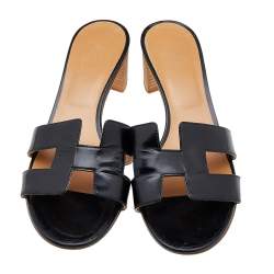 Pre Owned Hermès Black Leather Oasis Slide Sandals Size 39.5