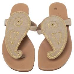 Hermes Beige/Brown Suede And Leather  Embroidered Flat Sandals Size 38.5