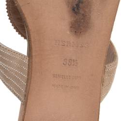 Hermes Beige/Brown Suede And Leather  Embroidered Flat Sandals Size 38.5