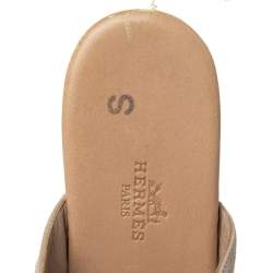 Hermes Beige/Brown Suede And Leather  Embroidered Flat Sandals Size 38.5
