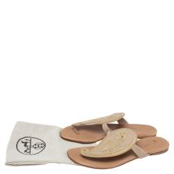 Hermes Beige/Brown Suede And Leather  Embroidered Flat Sandals Size 38.5