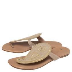 Hermes Beige/Brown Suede And Leather  Embroidered Flat Sandals Size 38.5