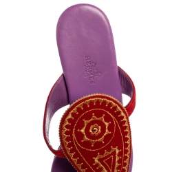 Hermes Red Suede Embroidered Motif Flat Thong Slides Size 38.5