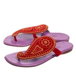 Hermes Red Suede Embroidered Motif Flat Thong Slides Size 38.5