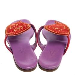 Hermes Red Suede Embroidered Motif Flat Thong Slides Size 38.5