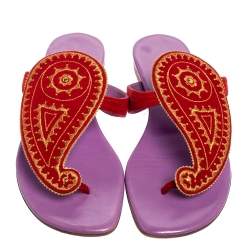 Hermes Red Suede Embroidered Motif Flat Thong Slides Size 38.5