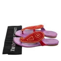 Hermes Red Suede Embroidered Motif Flat Thong Slides Size 38.5