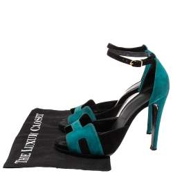 Hermes Teal/Black Suede Premiere Ankle-Strap Sandals Size 38.5