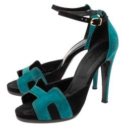 Hermes Teal/Black Suede Premiere Ankle-Strap Sandals Size 38.5