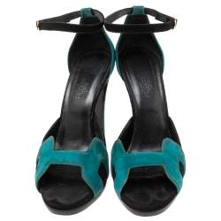 Hermes Teal/Black Suede Premiere Ankle-Strap Sandals Size 38.5