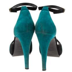 Hermes Teal/Black Suede Premiere Ankle-Strap Sandals Size 38.5