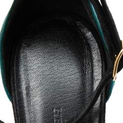 Hermes Teal/Black Suede Premiere Ankle-Strap Sandals Size 38.5