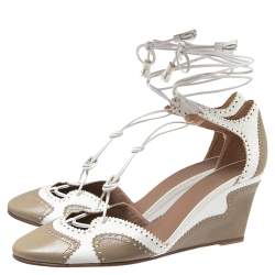 Hermes White/Olive Green Brogue Leather Lace-Tie Wedge Pumps Size 38