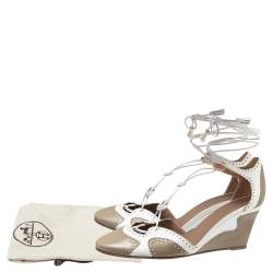 Hermes White/Olive Green Brogue Leather Lace-Tie Wedge Pumps Size 38