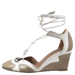 Hermes White/Olive Green Brogue Leather Lace-Tie Wedge Pumps Size 38