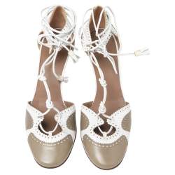 Hermes White/Olive Green Brogue Leather Lace-Tie Wedge Pumps Size 38