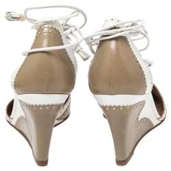 Hermes White/Olive Green Brogue Leather Lace-Tie Wedge Pumps Size 38