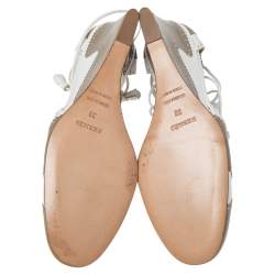 Hermes White/Olive Green Brogue Leather Lace-Tie Wedge Pumps Size 38