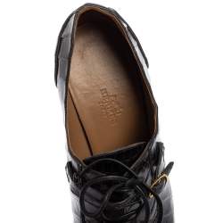Hermes Black Croc Embossed Leather Lace-Up Oxford Ankle Booties Size 38.5