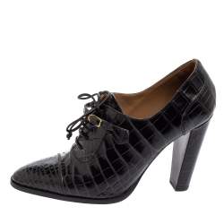 Hermes Black Croc Embossed Leather Lace-Up Oxford Ankle Booties Size 38.5