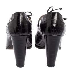 Hermes Black Croc Embossed Leather Lace-Up Oxford Ankle Booties Size 38.5