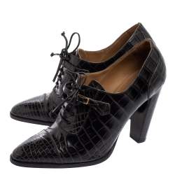 Hermes Black Croc Embossed Leather Lace-Up Oxford Ankle Booties Size 38.5